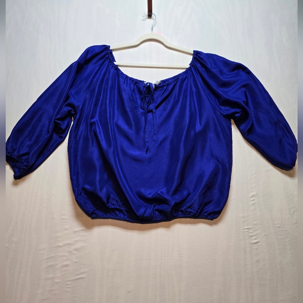 Trina Turk Blue Silk Puff Sleeve Blouse Large